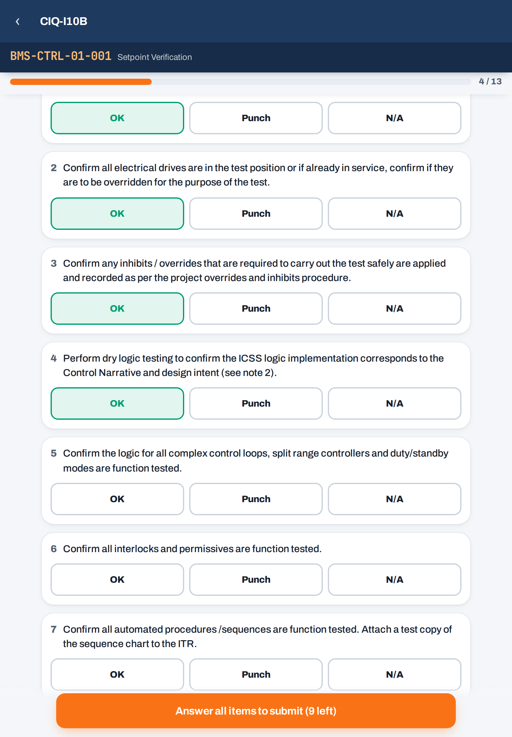 The same checksheet on a tablet: numbered items with large OK, Punch and N-A result buttons