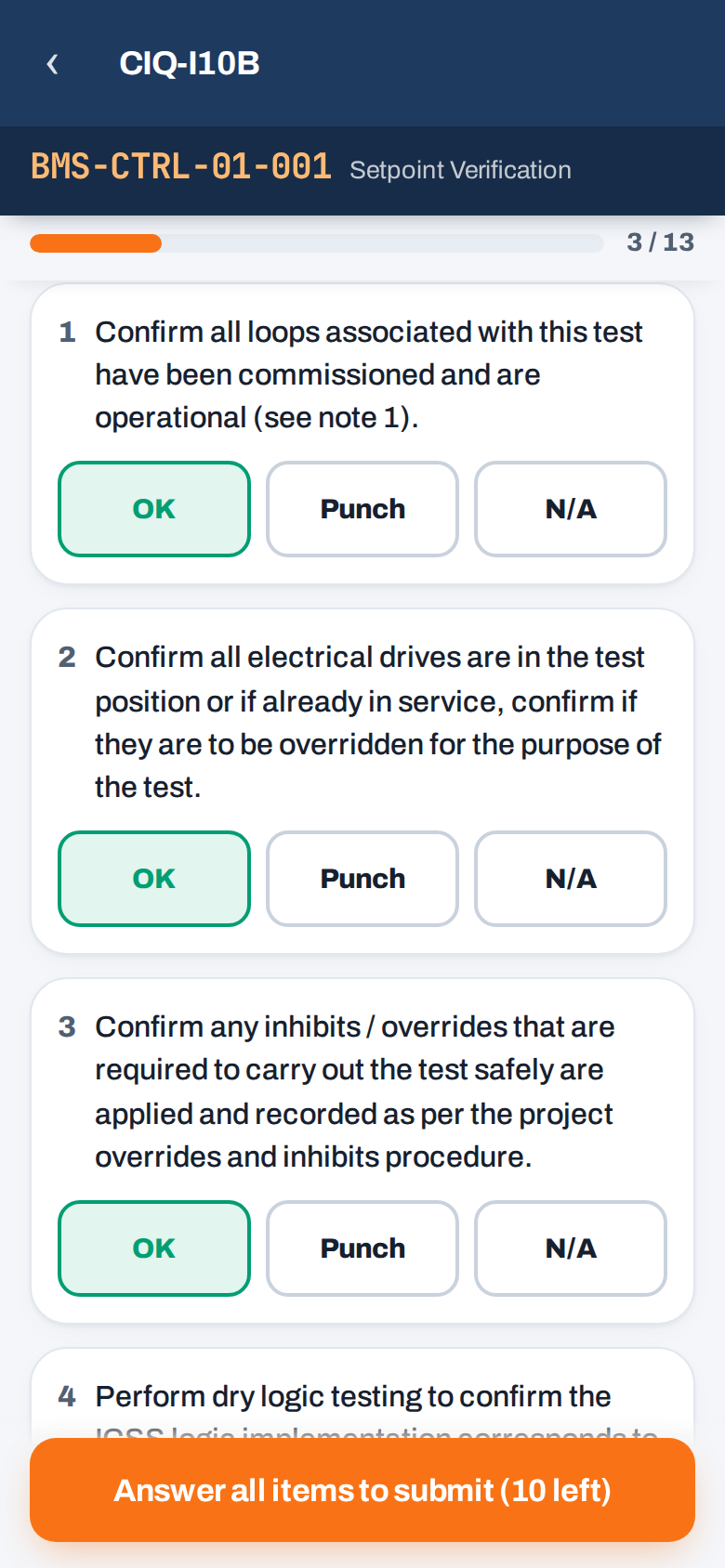 The field app filling a checksheet on a phone: sticky tag header, progress bar and large OK / Punch / N-A buttons