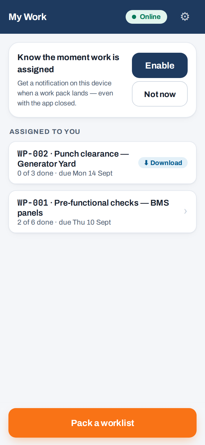 The field app home screen: work packs assigned to you with progress and due dates, and a notification opt-in