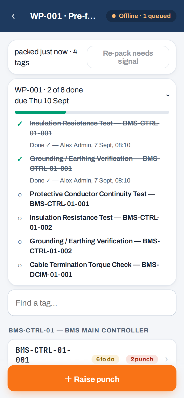 Working offline: the status pill shows Offline with one item queued, and the work pack remains fully usable
