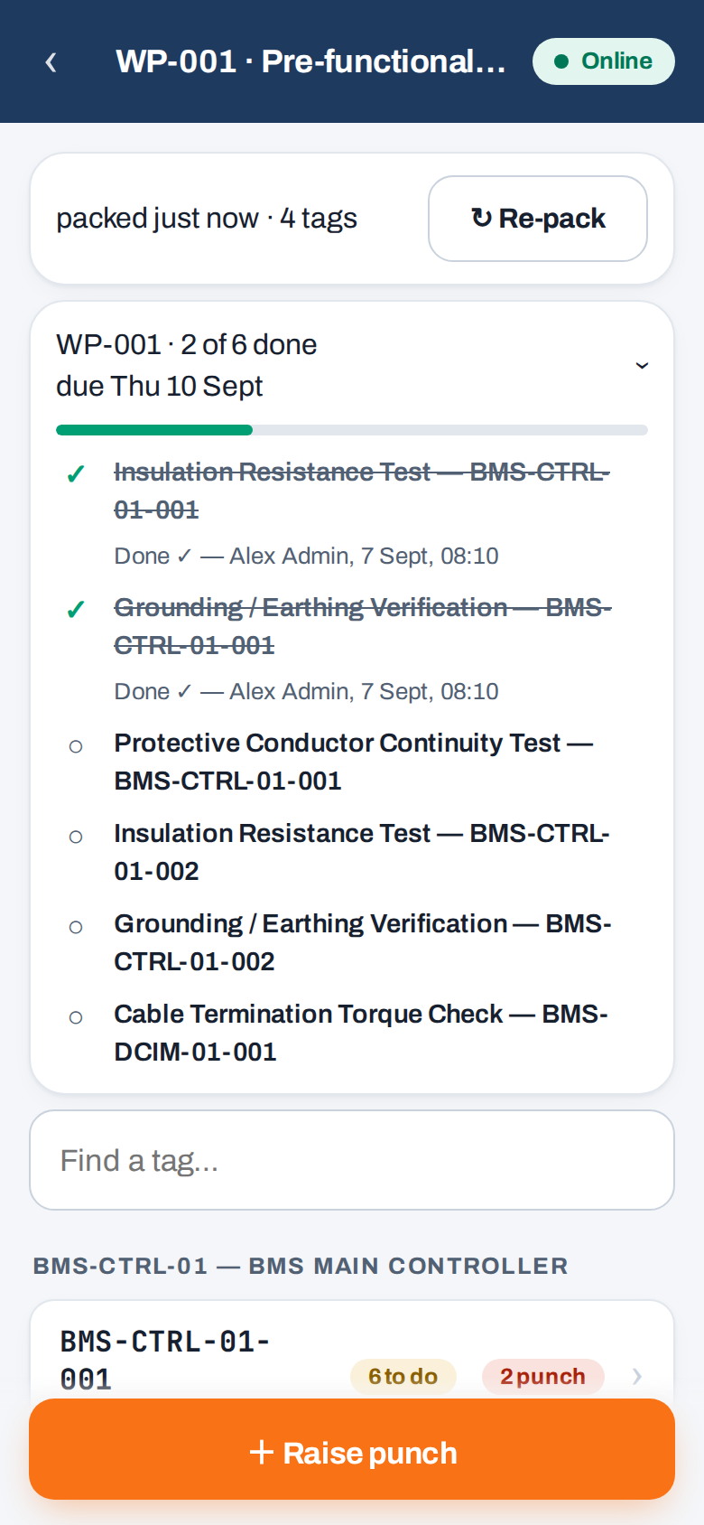 A downloaded work pack: progress bar, items completed by a colleague struck through with attribution, and the tag list